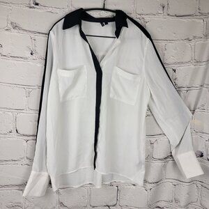 Amanda Green Womens L Black White Long Sleeve Blouse‎ Button Down Dressy Office